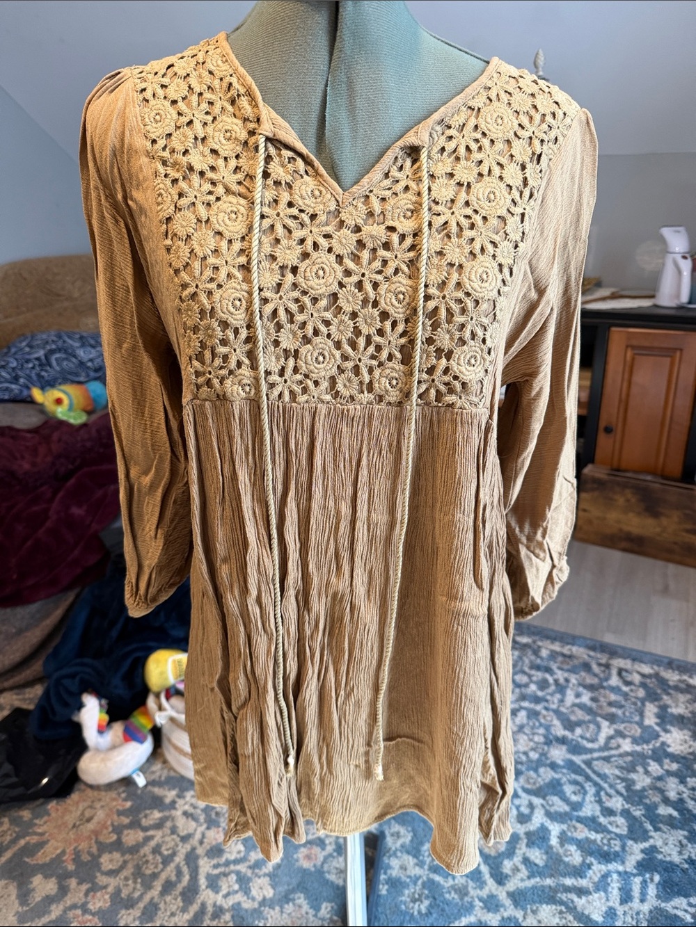 Kori Crochet Yoke Tunic in Camel Brown